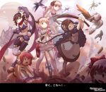  black_hair blood bow bowtie crossover familiar_(madoka_magica) fire_extinguisher goggles goggles_around_neck hardgore_alice hatoda_ako heei_juun himekawa_koyuki holding holding_sword holding_weapon kaname_madoka lolita_fashion magical_girl mahou_shoujo_ikusei_keikaku mahou_shoujo_madoka_magica miniskirt pink_bow pink_bowtie pink_hair ripple_(mahoiku) sazanami_kano scared school_uniform skirt snow_white_(mahoiku) swim_swim sword tama_(mahoiku) thighhighs weapon white_hair white_thighhighs 