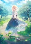  1girl black_footwear black_ribbon blonde_hair blue_dress buta_no_liver_wa_kanetsu_shiro cloud cloudy_sky cover cover_image crossed_bangs dress earrings floating_hair frilled_dress frills full_body hair_between_eyes highres jess_(buta_no_liver_wa_kanetsu_shiro) jewelry long_sleeves looking_at_viewer looking_back medium_hair neck_ribbon novel_illustration official_art open_mouth outdoors ribbon shirt sky smile solo standing stud_earrings sunlight textless_version thighhighs toosaka_asagi white_shirt white_thighhighs yellow_eyes 