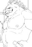 anthro belly boar clothed clothing facial_hair kemono kmd023 male mammal melee_weapon muscular mustache navel nipples pecs porcine solo sword topless weapon 