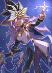  1girl apprentice_illusion_magician bare_shoulders black_pantyhose blue_eyes breasts cleavage dress duel_monster earrings hat hibun_tsukasa highres holding holding_staff hoop_earrings jewelry long_hair medium_breasts pantyhose purple_hair ribbon solo staff white_dress witch witch_hat yu-gi-oh! 