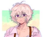  1boy alternate_costume bags_under_eyes chiimako closed_mouth expressionless gnosia grey_eyes grey_hair hair_between_eyes looking_at_viewer lowres male_focus messy_hair purple_eyes remnan_(gnosia) sad short_hair solo translation_request white_hair 