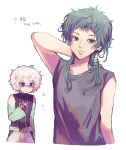  1boy 1other ? aqua_eyes bags_under_eyes bare_shoulders chiimako fingerless_gloves gloves gnosia grey_eyes grey_hair hair_between_eyes looking_at_viewer male_focus raqio remnan_(gnosia) shirt short_hair simple_background t-shirt translation_request 