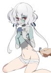  1girl applying_makeup bags_under_eyes bandages covering embarrassed eyebrows_visible_through_hair flat_chest konno_junko nude red_eyes sitting stitches trowel twintails wariza white_background white_hair yuzuruka_(bougainvillea) zombie zombie_land_saga 