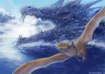  1boy cloud day dragon dragon_riding extra_eyes flying giant highres male_focus nature ocean open_mouth original pants riding sky tack_(riding) twitter_username water waves western_dragon yotsuashi_e 
