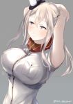  3: armpits arms_behind_head arms_up bangs bare_arms blush body_blush breast_pocket breasts closed_mouth commentary_request cosplay graf_zeppelin_(kantai_collection) grey_background hair_between_eyes juurouta kantai_collection large_breasts long_hair parted_bangs pocket red_neckwear saratoga_(kantai_collection) saratoga_(kantai_collection)_(cosplay) simple_background sketch_eyebrows solo twitter_username upper_body 