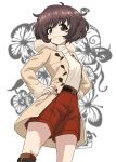  1girl akiyama_yukari alternate_costume breasts brown_eyes brown_hair coat commentary_request fur_trim girls_und_panzer hands_on_own_hips highres long_sleeves looking_at_viewer medium_breasts messy_hair shiina_excel short_hair shorts simple_background 