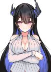  1girl arms_under_breasts asymmetrical_horns black_hair blue_hair blush breasts cleavage colored_inner_hair demon_horns highres hololive hololive_english horns large_breasts long_hair looking_at_viewer mole mole_under_eye multicolored_hair nerissa_ravencroft nerissa_ravencroft_(1st_costume) panpanmc4 red_eyes shirt smile solo straight-on very_long_hair virtual_youtuber white_background white_shirt 