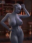 2024 3:4 3d_(artwork) alien alien_humanoid areola asari bar big_breasts blue_body blue_skin breasts collarbone digital_media_(artwork) eyebrows eyes_closed female genitals hand_on_hip hi_res huge_breasts humanoid innie_pussy liara_t&#039;soni mass_effect navel nipples not_furry nude plague_of_humanity_(artist) pussy solo