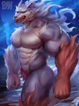 absurd_res anthro blue_body campfire_cooking_in_another_world_with_my_absurd_skill canid canine canis fel_(fenrir) fur green_eyes hi_res humanoid looking_at_viewer male mammal muscular muscular_anthro muscular_male nude pecs physen solo tongue tongue_out wolf