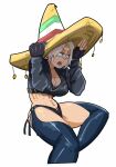 1girl angel_(kof) backless_pants blue_eyes bra breasts chaps cleavage crop_top cropped_jacket fingerless_gloves gloves hair_over_one_eye hat highres jacket large_breasts leather leather_jacket lulu_g_jantes mexican_flag mexico midriff navel panties pants short_hair snk solo sombrero strapless strapless_bra the_king_of_fighters the_king_of_fighters_xiv toned underwear white_hair 