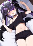  1girl bat_hair_ornament bat_wings black_hair black_shirt choker clenched_hands commentary commission english_commentary eye_hair_ornament from_above hair_ornament highres idol_corp looking_at_viewer lying mikoscrub navel off-shoulder_shirt off_shoulder on_back on_bed pillow purple_hair roca_rourin_(vtuber) shirt short_sleeves solo spiked_choker spikes stomach thighs twintails wings 