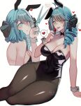  1girl animal_ears bare_shoulders black_bow black_leotard bow breasts cleavage collarbone drill_hair gwen_(league_of_legends) hair_bow highres large_breasts league_of_legends leotard long_hair looking_at_viewer noodychaan pantyhose playboy_bunny rabbit_ears smile strapless strapless_leotard twin_drills twintails wrist_cuffs 