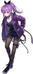  1girl boots bow breasts choker chrono_ark hair_bow hand_in_pocket hen-tie highres holding holding_weapon holding_whip huz_(chrono_ark) jacket light_frown looking_at_viewer medium_breasts non-web_source official_art open_clothes open_jacket pantyhose ponytail purple_eyes purple_hair shorts stuffed_animal stuffed_rabbit stuffed_toy transparent_background weapon 