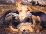  1906 animal_humanoid biped breasts claws duo feet female hair human human_on_humanoid humanoid jacek_malczewski male male/female mammal monster_girl_(genre) outside painting paws sex traditional_media_(artwork) wings 