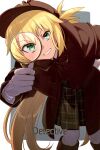 1girl artoria_caster_(fate) artoria_pendragon_(fate) blonde_hair breasts brown_capelet brown_coat capelet coat deerstalker detective echo_(circa) fate/grand_order fate_(series) gloves green_eyes green_skirt grin hat leaning_forward long_hair long_sleeves looking_at_viewer magnifying_glass ponytail skirt small_breasts smile solo white_gloves 