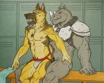 2016 abs anal anthro badcoyote bench biceps body_hair bulge canid canine canis clothed clothing domestic_dog dominant dominant_male duo football_uniform german_shepherd grin hand_on_shoulder happy_trail herding_dog jewelry jockstrap jockstrap_only kanic locker locker_room looking_back male male/male mammal manly muscular muscular_legs navel necklace nipples open_mouth pastoral_dog pecs pubes rhinoceros ryan_carthage sex sitting smile topless towel triceps underwear underwear_only