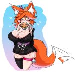 animal_humanoid arm_tattoo big_breasts blush blush_lines breasts burger canid canid_humanoid canine canine_humanoid cleavage clothed clothing eating eyes_closed female food fox_humanoid freckles hair heart_symbol huge_breasts humanoid mammal mammal_humanoid mochi_(mochifoxxo) mochifoxxo motion_lines orange_hair smile solo standing tail tail_motion tailwag tattoo thick_thighs