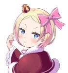  1girl :&lt; beatrice_(re:zero) blue_eyes blush bow capelet crown fur-trimmed_capelet fur_trim hair_bow hand_up mini_crown pink_bow re:zero_kara_hajimeru_isekai_seikatsu red_capelet s_(hdru2332) short_hair solo 