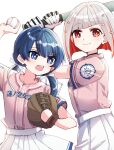  2girls baseball baseball_bat baseball_jersey baseball_mitt blue_eyes blue_hair blue_ribbon collarbone colored_inner_hair dollchestra gloves hair_ornament hair_ribbon highres holding holding_baseball_bat kanduki_kamibukuro link!_like!_love_live! logo long_hair looking_at_viewer love_live! low_twintails metal_baseball_bat mole mole_on_neck multicolored_hair multiple_girls murano_sayaka o-ring open_mouth parted_bangs pink_shirt pitching pleated_skirt red_eyes red_hair ribbon shirt short_hair short_sleeves skirt smile star_(symbol) star_hair_ornament streaked_hair twintails upper_body white_gloves white_hair white_skirt yugiri_tsuzuri 