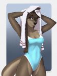  anthro breasts brown_eyes brown_fur cleavage clothed clothing fairdahlia female fur hair long_hair mammal mustelid one-piece_swimsuit otter pose raised_arm smile solo swimsuit towel 