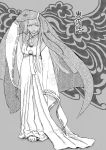  barefoot bob_cut commentary_request cover cover_page floral_print greyscale hakama_skirt highres horns japanese_clothes kishida_shiki monochrome oni original sash white_hair 