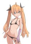 1girl ahoge bikini bikini_pull black_bikini blonde_hair blue_eyes breasts clear_(djmax) closed_mouth clothes_pull cowboy_shot djmax djmax_respect hair_ornament highres long_hair looking_at_viewer micro_bikini navel simple_background small_breasts smile solo stitched_arm stitches swimsuit syc2159 twintails white_background 