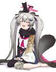  1girl :3 animal animal_ears animal_on_head bandaged_leg bandages black_cat black_ribbon blue_archive blush brilliantko cat cat_on_head closed_eyes fang floral_print grey_hair hair_ornament hair_ribbon highres long_hair michiru_(blue_archive) multicolored_clothes multicolored_scarf neckerchief on_head open_mouth raccoon_ears raccoon_girl raccoon_tail ribbon scarf simple_background sitting solo tail twintails very_long_hair white_background 