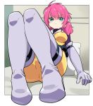  bodysuit breasts commentary_request elbow_gloves feldt_grace gloves green_eyes gundam gundam_00 large_breasts looking_at_viewer pink_hair shaded_face skin_tight solo tonmoh twintails yellow_bodysuit 