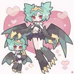  1girl bird_legs black_feathers black_wings claws commentary_request commission feathers green_hair harpy heart heart_tattoo highres indie_virtual_youtuber kdmr0402 lincoro monster_girl multiple_views navel pointy_ears red_eyes short_hair short_twintails skeb_commission stomach_tattoo talons tattoo tiara twintails virtual_youtuber winged_arms wings 