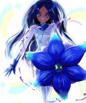  1girl alternate_color aqua_ribbon black_hair blue_eyes blue_gloves blue_shirt buttons dark-skinned_female dark_skin double-breasted eyelashes ffccll geeta_(pokemon) glimmora gloves grin highres jacket long_hair long_sleeves neck_ribbon pants pokemon pokemon_(creature) pokemon_masters_ex ribbon shirt smile teeth white_jacket white_pants 