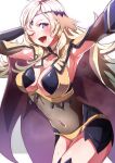  1girl absurdres black_bridal_gauntlets blonde_hair bodystocking breasts bridal_gauntlets circlet fire_emblem fire_emblem_fates gold_cape grey_eyes highres large_breasts open_mouth ophelia_(fire_emblem) panties solo thighhighs to_(tototo_tk) underwear yellow_panties 
