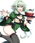  1girl :d alternate_costume black_bow bow brown_thighhighs commentary_request cup dress flat_chest food goblin_slayer! green_dress green_eyes green_hair hair_between_eyes hair_bow high_elf_archer_(goblin_slayer!) highres holding holding_tray kankitukou long_hair long_sleeves partial_commentary pointy_ears simple_background skindentation smile solo teeth thighhighs tray upper_teeth_only wide_sleeves 