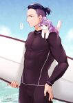  1boy animal_on_shoulder animalization black_bodysuit black_eyes black_hair bodysuit cat cloud covered_abs covered_pectorals dated diving_suit hand_on_own_hip highres holding holding_surfboard macross macross_delta male_focus messer_ihlefeld mikumo_guynemer pectorals ponytail purple_hair sasanoneko signature skin_tight sky solo_focus speech_bubble surfboard undercut web_address wetsuit 
