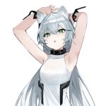  1girl :o animal_ears arknights armpits arms_up black_collar blush cat_ears cat_girl collar green_eyes grey_hair hair_between_eyes highres long_hair looking_at_viewer open_mouth rosmontis_(arknights) rosmontis_(become_anew)_(arknights) s_4ik4 shirt sidelocks simple_background sleeveless sleeveless_shirt solo straight_hair upper_body white_background 