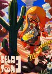  1girl agent_3_(splatoon_3) animal backpack bag black_bag black_shorts blonde_hair boots bottle bra_strap braid cactus closed_mouth copyright_name desert eyebrow_cut flower highres holding holding_bag inkling_girl inkling_player_character ka1_(k4k37) pointy_ears shirt shorts single_braid smallfry_(splatoon) splatoon_(series) splatoon_3 tentacle_hair water_bottle white_flower white_shirt yawning yellow_eyes 