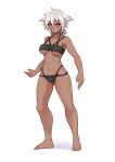  1girl abs absurdres bare_shoulders barefoot breasts character_request collarbone dark-skinned_female dark_skin deadslot4 feet fingernails grey_hair highres looking_at_viewer medium_breasts original red_eyes shiny_skin short_hair solo swimsuit tan toenails tomboy toned white_background 