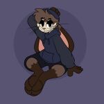 1:1 absurd_res anthro bottomwear brown_body brown_fur brown_hair cheek_tuft clothing ears_down facial_tuft floppy_ears fur hair half-closed_eyes hi_res hoodie lagomorph leporid male mammal narrowed_eyes pivoted_ears purple_background rabbit shorts simple_background smile solo tan_body tan_fur topwear tuft xing1