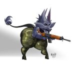2024 anthro assault_rifle big_butt black_body black_fur breasts butt camo camo_clothing camo_print canid canine canis cheek_tuft chibi cleavage clothed clothing dubmare eyebrows facial_tuft female fur gun gunfire holding_object holding_weapon kairolarts leaning leaning_forward leggings legwear lips long_ears mammal muscular pattern_clothing raised_tail ranged_weapon rifle solo standing striped_body stripes tail thick_bottom_lip thick_thighs tight_clothing tuft weapon wide_hips wolf