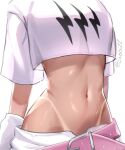  1girl belt bikini_tan breasts commentary crop_top crop_top_overhang cropped_shirt english_commentary hololive hololive_english midriff mococo_abyssgard mococo_abyssgard_(1st_costume) navel navel_focus pink_belt shirt short_sleeves shorts simple_background small_breasts sobbi11 solo stomach sweat t-shirt tan tanlines twitter_username virtual_youtuber white_background white_shirt white_shorts 