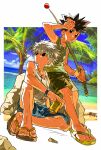  2boys absurdres beach black_eyes black_hair black_shorts blue_sky can cloud cross cross_necklace flip-flops gon_freecss highres hunter_x_hunter jewelry killua_zoldyck multiple_boys necklace ocean outdoors palm_tree rock sandals short_hair shorts sitting sky spiked_hair sweat tank_top tree white_hair xi_luo_an_ya 