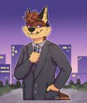 anthro blazer canid canine classy clothed clothing dress_shirt fox fully_clothed goldenmylo hand_in_pocket hi_res male mammal necktie pockets shirt smug_face solo suit topwear