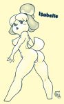  2018 4_fingers animal_crossing anthro breasts butt canine digital_media_(artwork) dog female isabelle_(animal_crossing) looking_at_viewer looking_back looking_down low-angle_view mammal monochrome nintendo nipples nude open_mouth pose pussy reabault rear_view shih_tzu simple_background solo video_games 