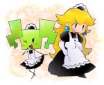  2girls alternate_costume apron blonde_hair blue_eyes blurry blush_stickers breasts chibi chiimako colored_skin depth_of_field earrings enmaided green_skin heart jewelry long_hair maid maid_apron maid_headdress mario_(series) mimi_(paper_mario) multiple_girls one_eye_closed open_mouth paper_mario princess_peach puffy_short_sleeves puffy_sleeves short_sleeves super_paper_mario sweatdrop 