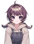  1girl ahoge brown_hair brown_hoodie closed_eyes djmax djmax_respect highres hood hoodie iznal korean_commentary looking_at_viewer low_twintails overalls play_(djmax) purple_eyes short_hair simple_background smile solo twintails upper_body white_background 