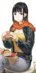  belt black_hair braid brown_eyes cup denim disposable_cup eating food french_fries hamburger highres holding jacket jeans jun_(seojh1029) looking_at_viewer medium_hair original pants scarf simple_background sitting solo white_background 