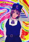 0rdinaryguy 1girl bow bowtie chainsaw_man earrings fami_(chainsaw_man) glitch gradient_background hat highres jewelry multiple_piercings school_uniform 