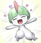  arms_up blush closed_eyes emphasis_lines gen_3_pokemon green_hair happy heart jumping kashiwa_(3920kashiwa) no_humans open_mouth outstretched_arms pokemon pokemon_(creature) ralts short_hair simple_background smile solo sparkle spread_arms white_skin yellow_background 