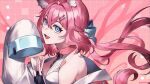  alicia_cotton animal_ears bare_shoulders blue_bow blue_bowtie blue_eyes bow bowtie cat_ears commission fingerless_gloves floating_hair gloves indie_virtual_youtuber jacket long_hair open_mouth papercider pink_hair sleeves_past_fingers sleeves_past_wrists smile white_jacket 