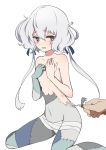  1girl applying_makeup bandages blue_eyes commentary covering embarrassed eyebrows_visible_through_hair flat_chest konno_junko nude sitting stitches trowel twintails wariza white_background white_hair yuzuruka_(bougainvillea) zombie zombie_land_saga 