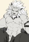  beard clothed clothing digimon ear_piercing facial_hair kmd023 leomon male mane muscular nipples open_pants pecs piercing solo topless 